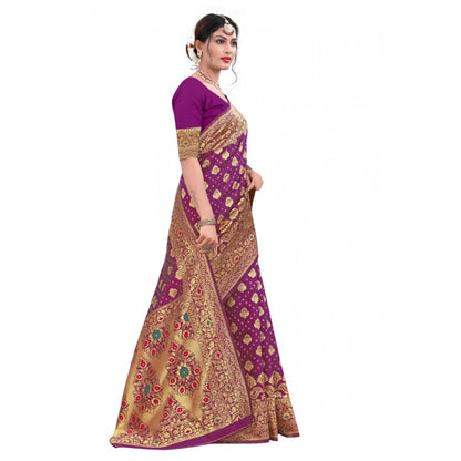 Women's Banarasi Silk Designer Weaving Saree With Unstitched Blouse (Purple, 5.50 Mtrs)