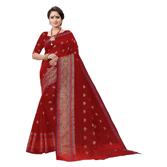 Women's Cotton Silk Designer Weaving Saree With Unstitched Blouse (Maroon, 5.50 Mtrs)