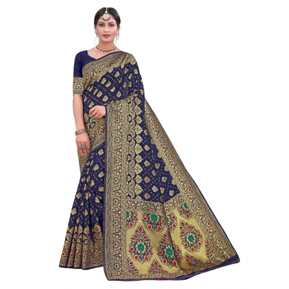 Women's Banarasi Silk Designer Weaving Saree With Unstitched Blouse (Blue, 5.50 Mtrs)