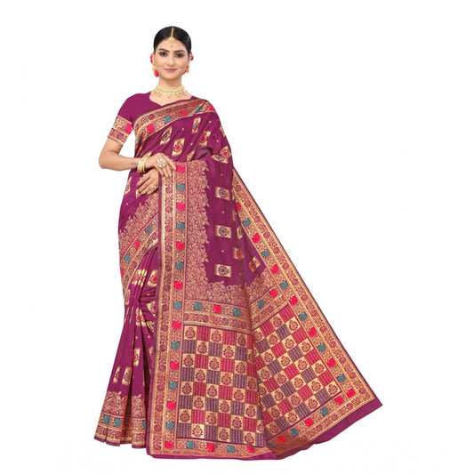 Women's Banarasi Silk Designer Weaving Saree With Unstitched Blouse (Purple, 5.50 Mtrs)