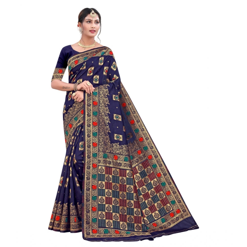 Women's Banarasi Silk Designer Weaving Saree With Unstitched Blouse (Blue, 5.50 Mtrs)