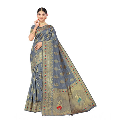 Women's Banarasi Silk Designer Weaving Saree With Unstitched Blouse (Grey, 5.50 Mtrs)