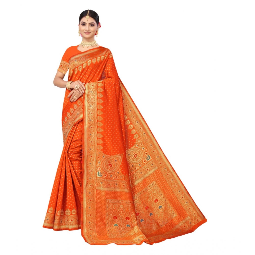 Women's Banarasi Silk Designer Weaving Saree With Unstitched Blouse (Orange, 5.50 Mtrs)