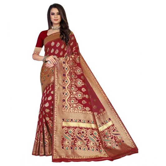 Women's Banarasi Silk Designer Weaving Saree With Unstitched Blouse (Maroon, 5.50 Mtrs)