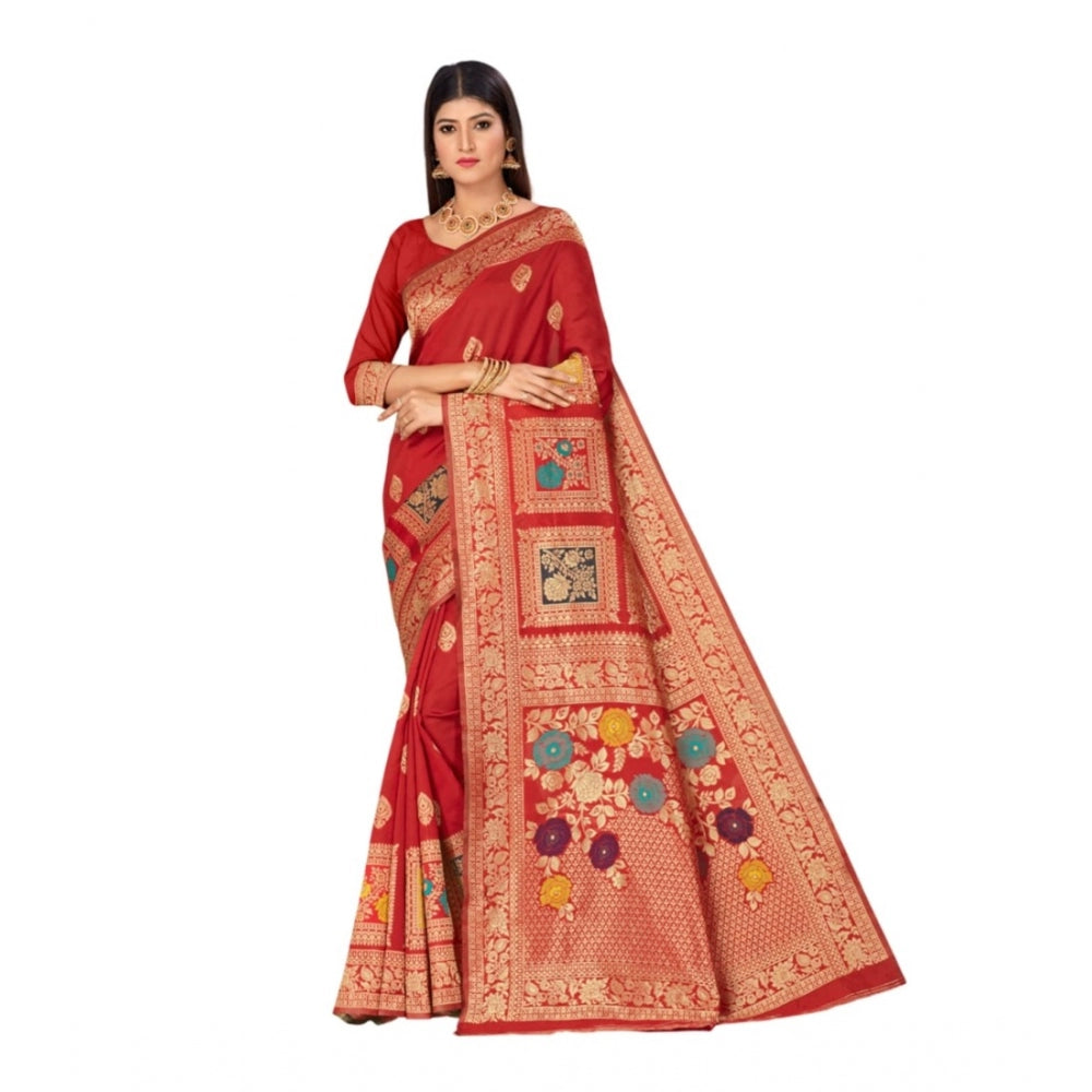 Women's Banarasi Silk Designer Weaving Saree With Unstitched Blouse (Red, 5.50 Mtrs)