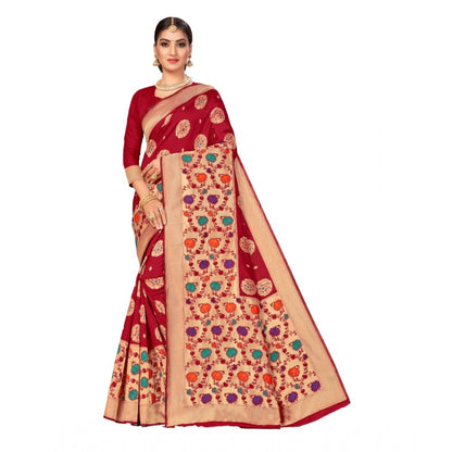 Women's Banarasi Silk Designer Weaving Saree With Unstitched Blouse (Maroon, 5.50 Mtrs)