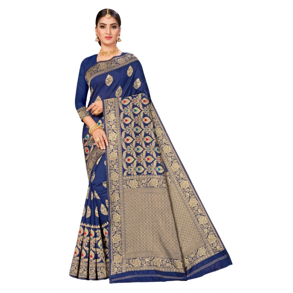 Women's Banarasi Silk Designer Weaving Saree With Unstitched Blouse (Blue, 5.50 Mtrs)