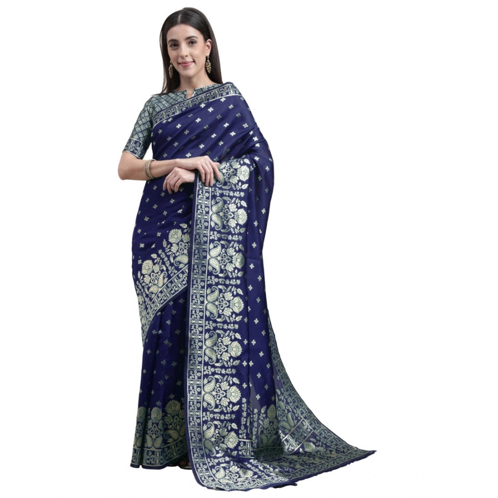 Women's Banarasi Silk Designer Weaving Saree With Unstitched Blouse (Blue, 5.50 Mtrs)