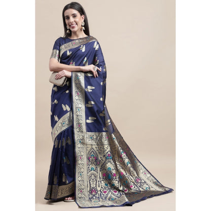 Women's Kanjivaram Silk Designer Weaving Saree With Unstitched Blouse (Blue, 5.50 Mtrs)