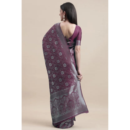 Women's Kanjivaram Silk Designer Silver Weaving Saree With Unstitched Blouse (Purple, 5.50 Mtrs)