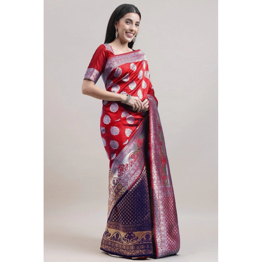 Women's Kanjivaram Silk Designer Weaving Saree With Unstitched Blouse (Red &amp; Blue, 5.50 Mtrs)