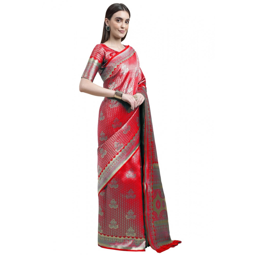 Women's Banarasi Silk Designer Weaving Saree With Unstitched Blouse (Red, 5.50 Mtrs)