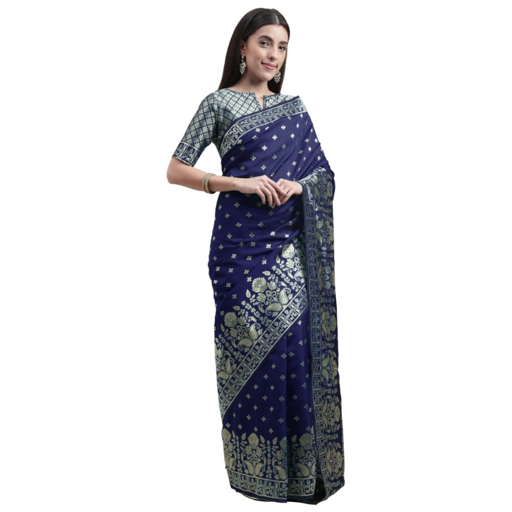 Women's Banarasi Silk Designer Weaving Saree With Unstitched Blouse (Blue, 5.50 Mtrs)