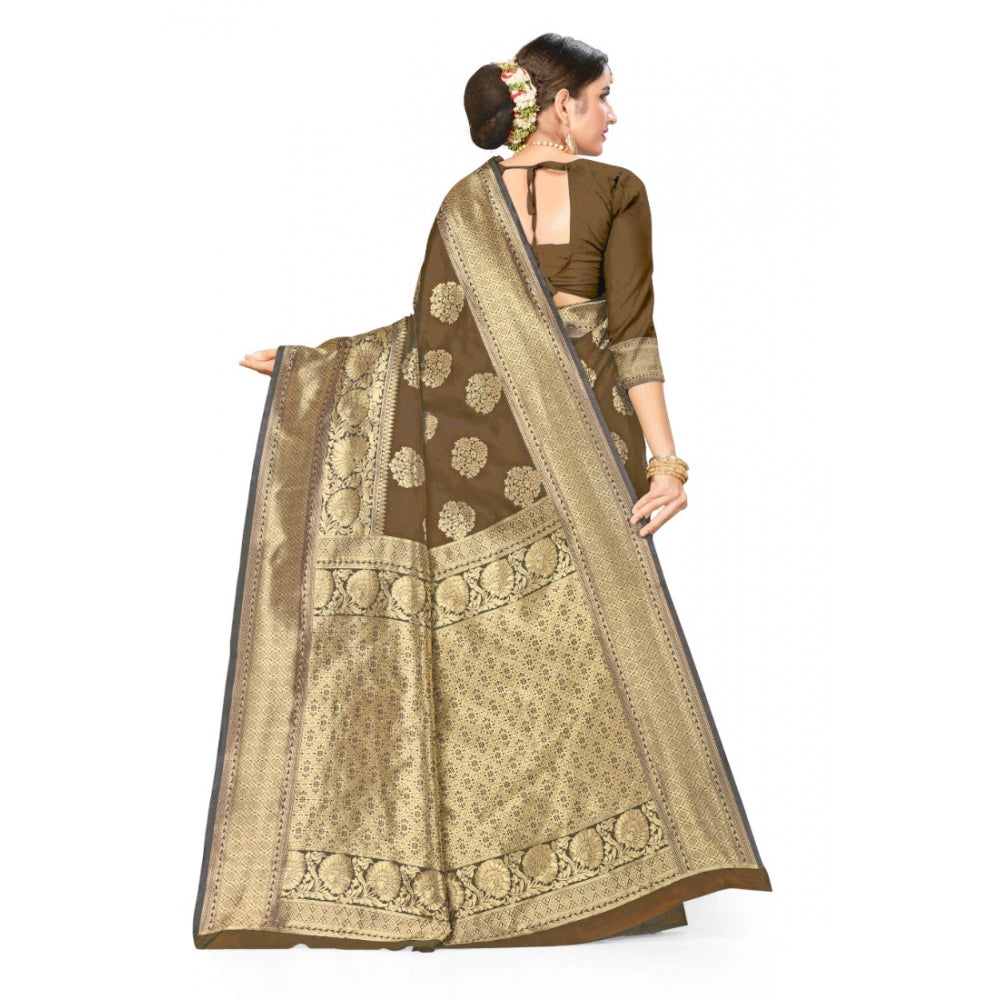 Women's Banarasi Silk Designer Weaving Saree With Unstitched Blouse (Brown, 5.50 Mtrs)