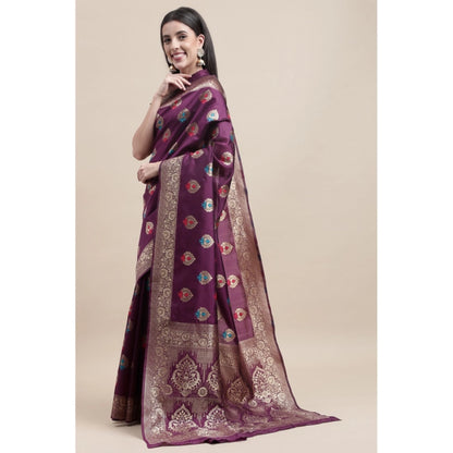 Women's Kanjivaram Silk Designer Weaving Saree With Unstitched Blouse (Purple, 5.50 Mtrs)