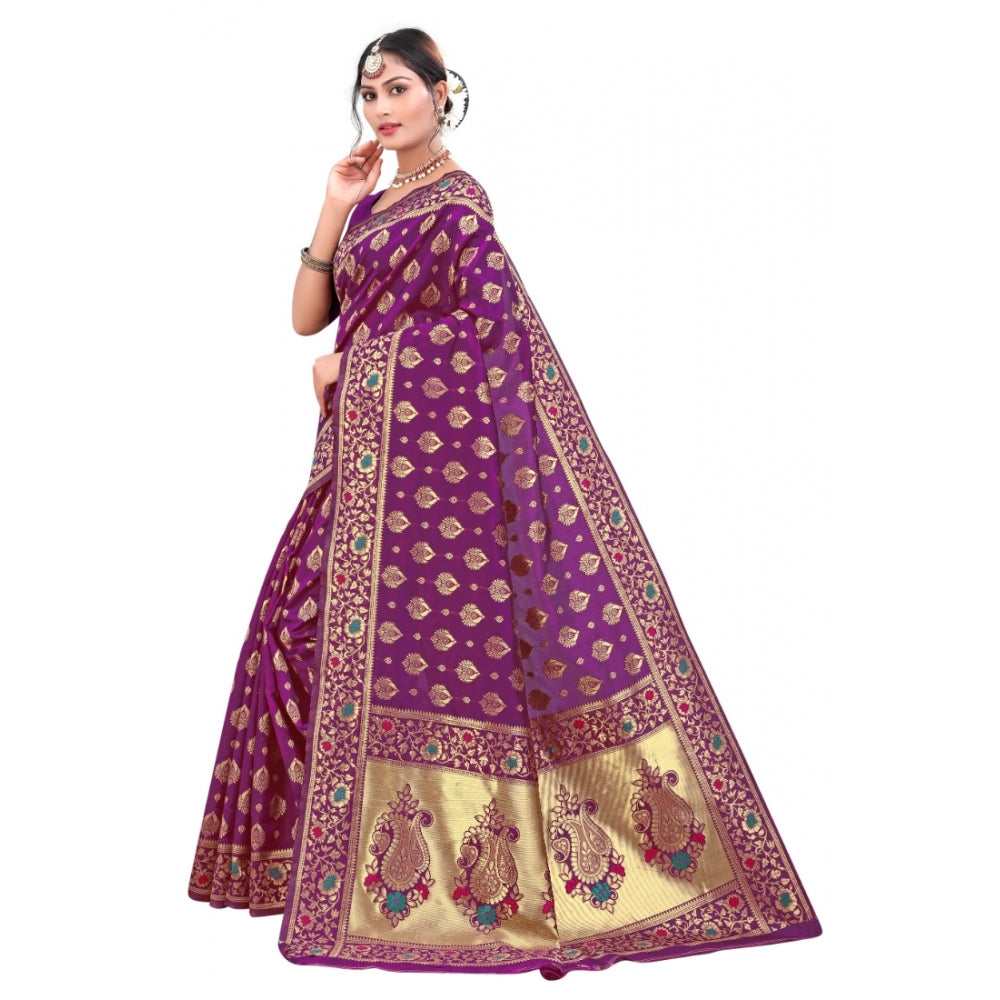 Women's Banarasi Silk Designer Weaving Saree With Unstitched Blouse (Purple, 5.50 Mtrs)