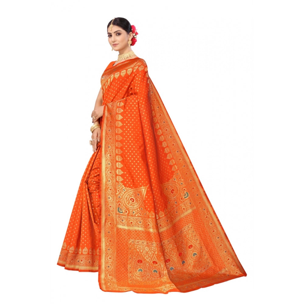 Women's Banarasi Silk Designer Weaving Saree With Unstitched Blouse (Orange, 5.50 Mtrs)