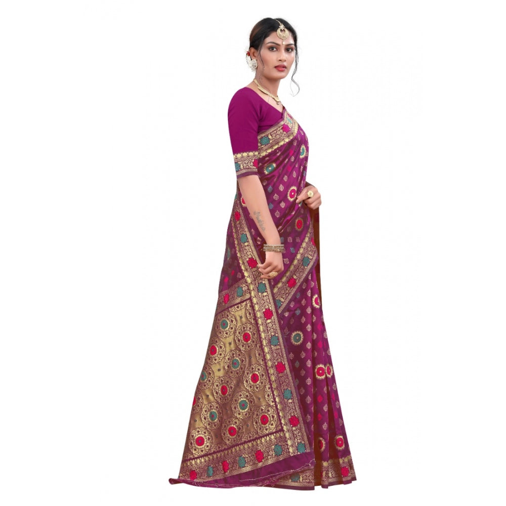 Women's Banarasi Silk Designer Weaving Saree With Unstitched Blouse (Purple, 5.50 Mtrs)