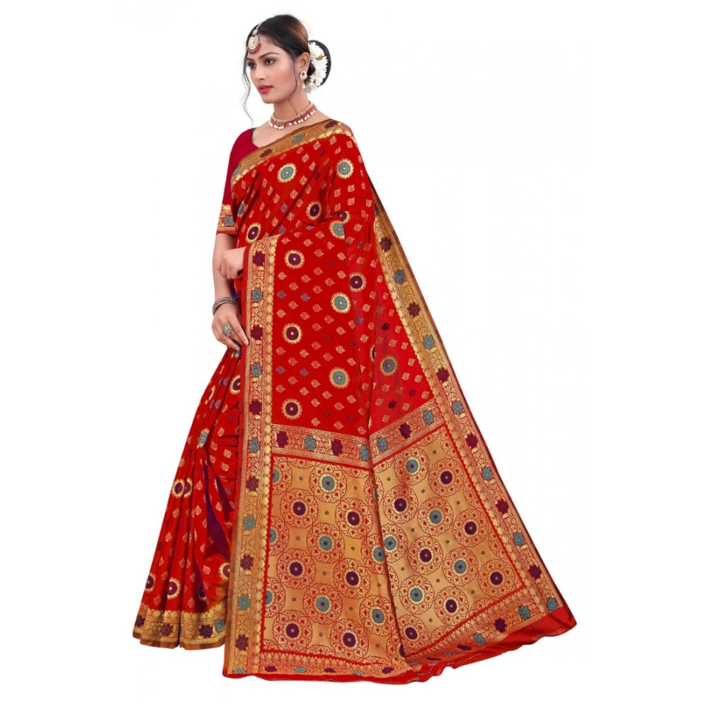 Women's Banarasi Silk Designer Weaving Saree With Unstitched Blouse (Red, 5.50 Mtrs)