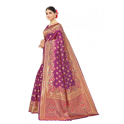 Women's Banarasi Silk Designer Weaving Saree With Unstitched Blouse (Purple, 5.50 Mtrs)