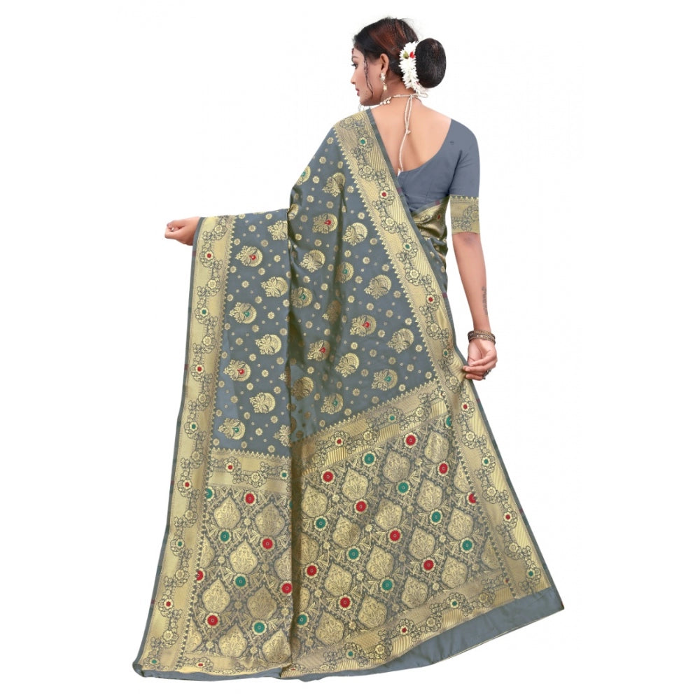 Women's Banarasi Silk Designer Weaving Saree With Unstitched Blouse (Grey, 5.50 Mtrs)