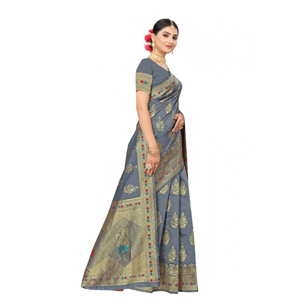 Women's Banarasi Silk Designer Weaving Saree With Unstitched Blouse (Grey, 5.50 Mtrs)