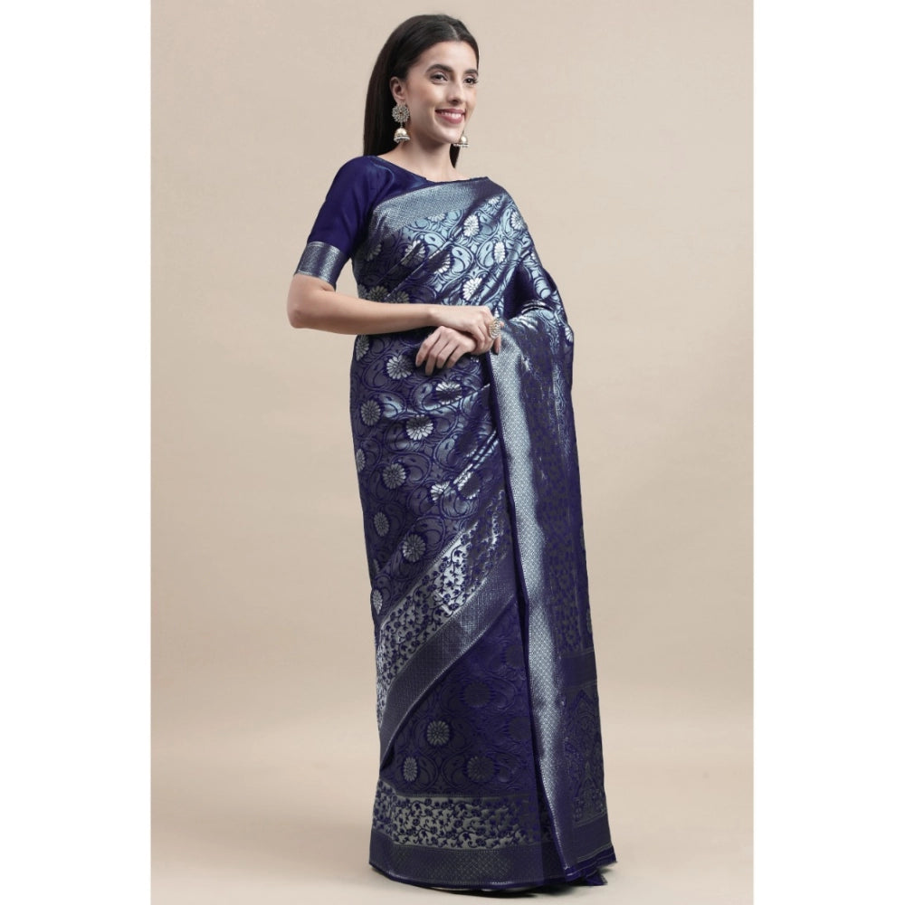 Women's Kanjivaram Silk Designer Silver Weaving Saree With Unstitched Blouse (Blue, 5.50 Mtrs)