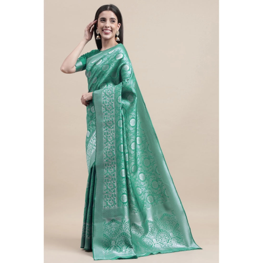 Women's Kanjivaram Silk Designer Silver Weaving Saree With Unstitched Blouse (Green, 5.50 Mtrs)