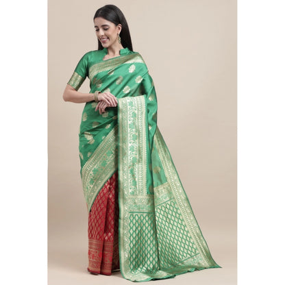 Women's Kanjivaram Silk Designer Weaving Saree With Unstitched Blouse (Green &amp; Red, 5.50 Mtrs)