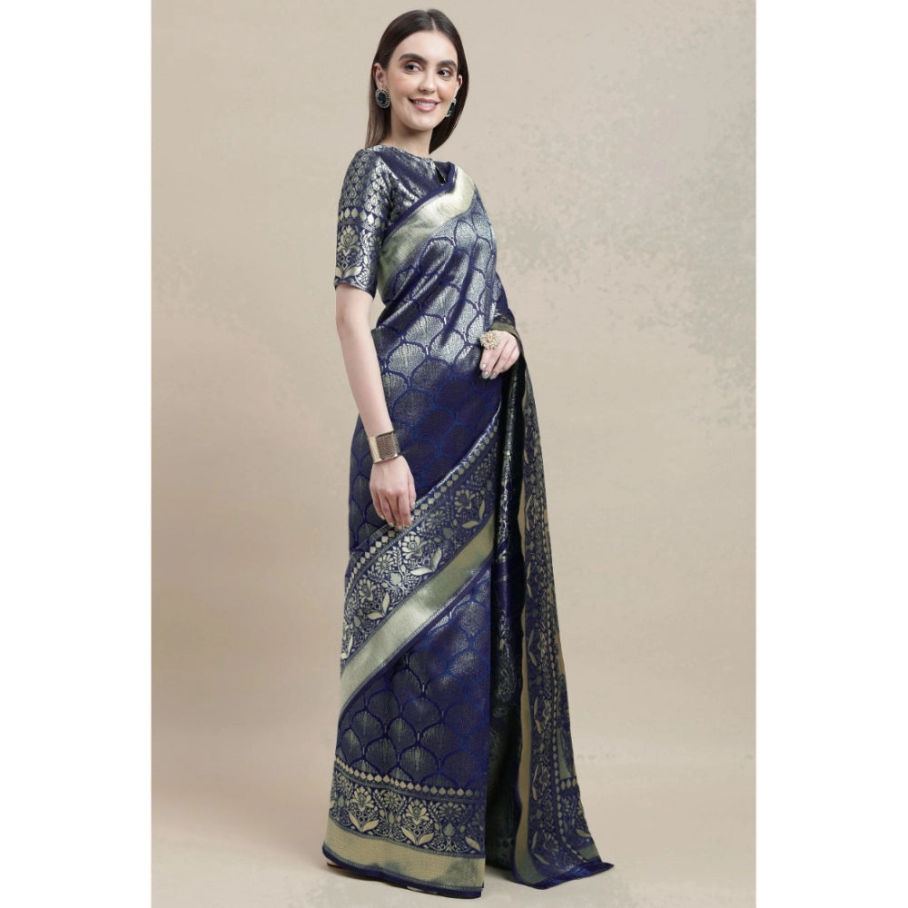 Women's Banarasi Silk Designer Weaving Saree With Unstitched Blouse (Blue, 5.50 Mtrs)