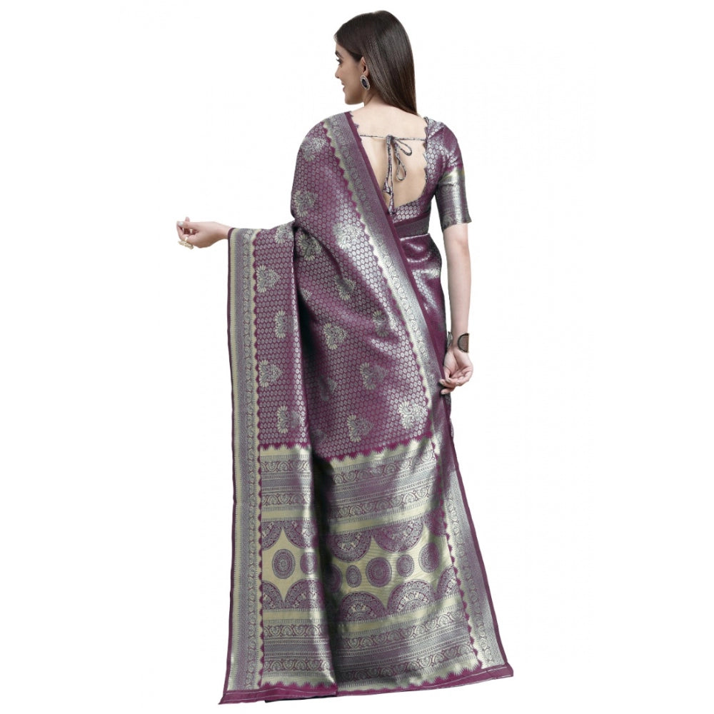 Women's Banarasi Silk Designer Weaving Saree With Unstitched Blouse (Purple, 5.50 Mtrs)