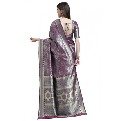 Women's Banarasi Silk Designer Weaving Saree With Unstitched Blouse (Purple, 5.50 Mtrs)