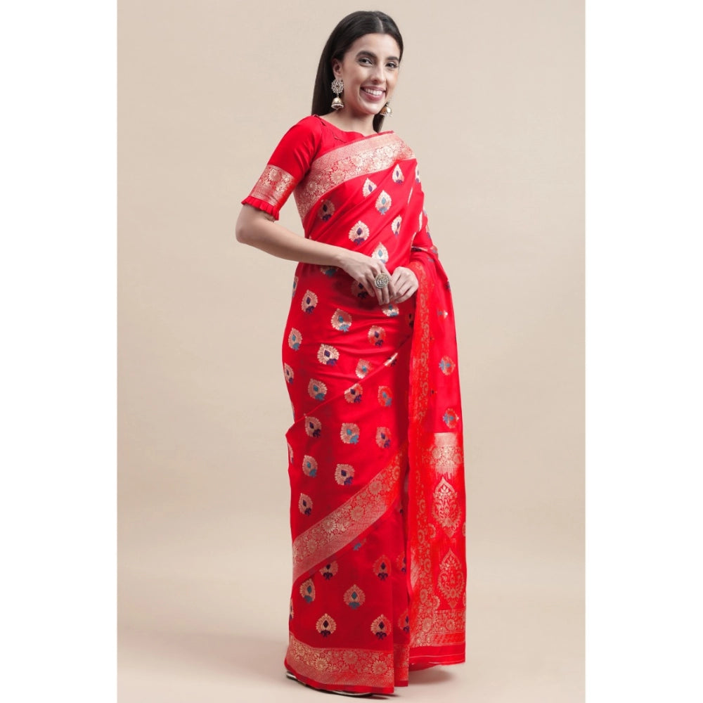 Women's Kanjivaram Silk Designer Weaving Saree With Unstitched Blouse (Red, 5.50 Mtrs)