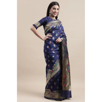 Women's Kanjivaram Silk Designer Weaving Saree With Unstitched Blouse (Blue, 5.50 Mtrs)