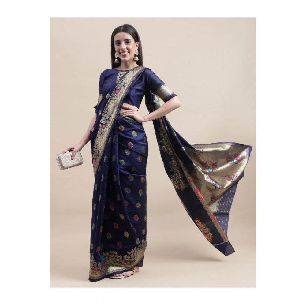 Women's Kanjivaram Silk Designer Weaving Saree With Unstitched Blouse (Blue, 5.50 Mtrs)