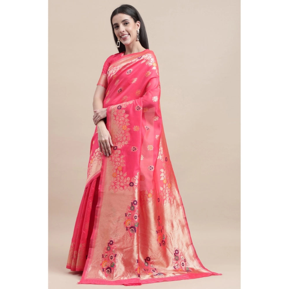 Women's Kanjivaram Silk Designer Weaving Saree With Unstitched Blouse (Pink, 5.50 Mtrs)