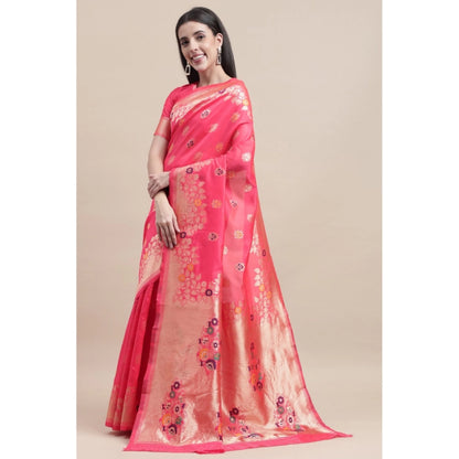 Women's Kanjivaram Silk Designer Weaving Saree With Unstitched Blouse (Pink, 5.50 Mtrs)