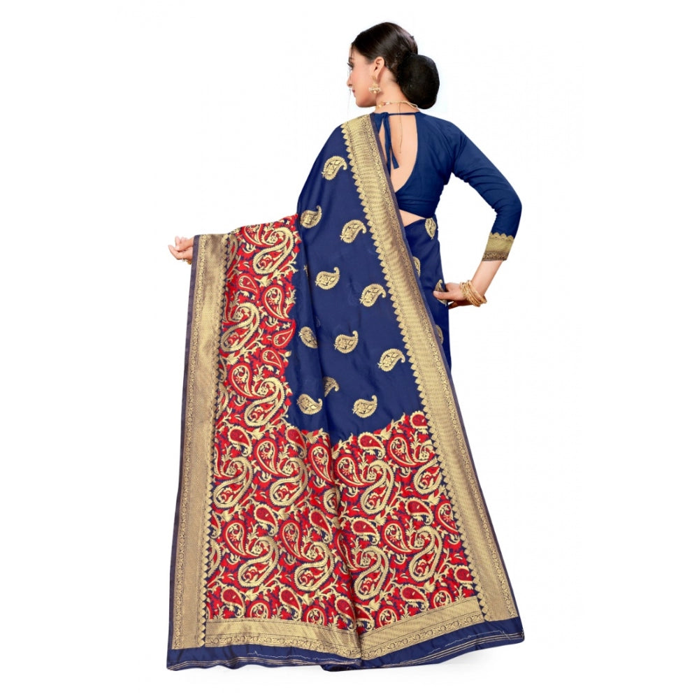 Women's Banarasi Silk Designer Weaving Saree With Unstitched Blouse (Blue, 5.50 Mtrs)