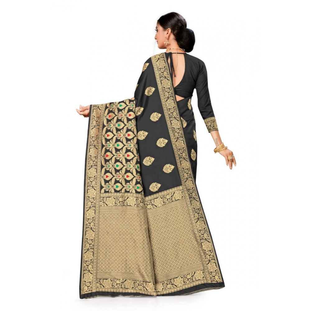 Women's Banarasi Silk Designer Weaving Saree With Unstitched Blouse (Black, 5.50 Mtrs)