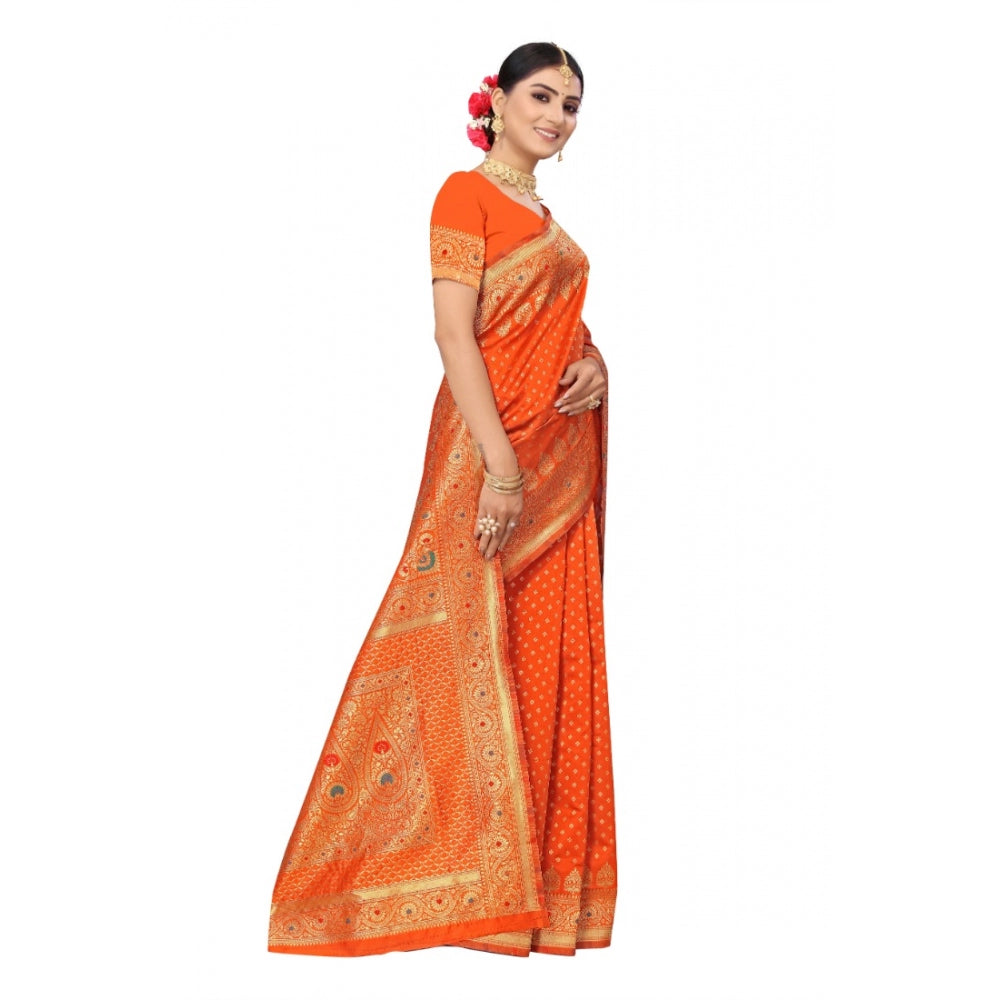 Women's Banarasi Silk Designer Weaving Saree With Unstitched Blouse (Orange, 5.50 Mtrs)