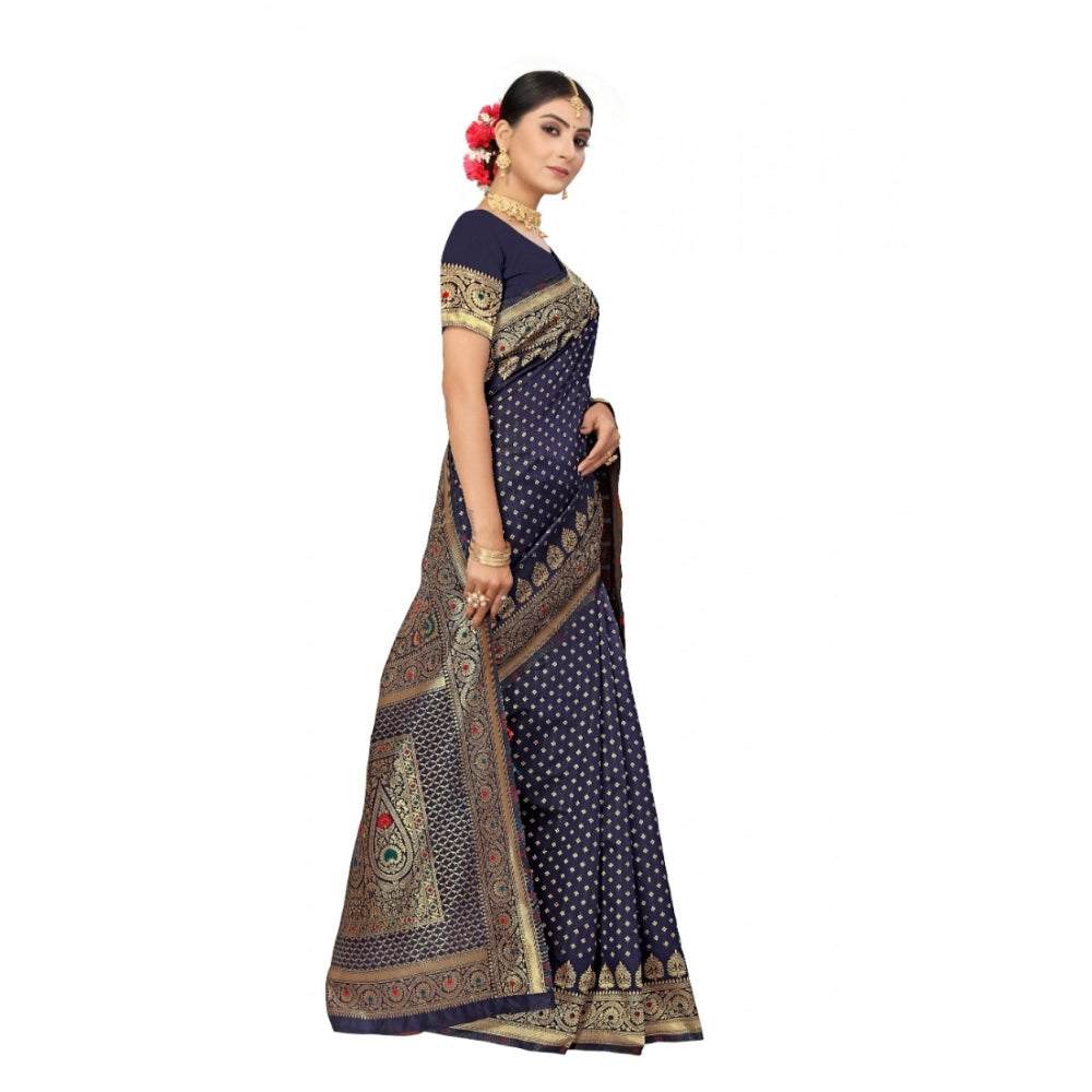 Women's Banarasi Silk Designer Weaving Saree With Unstitched Blouse (Blue, 5.50 Mtrs)