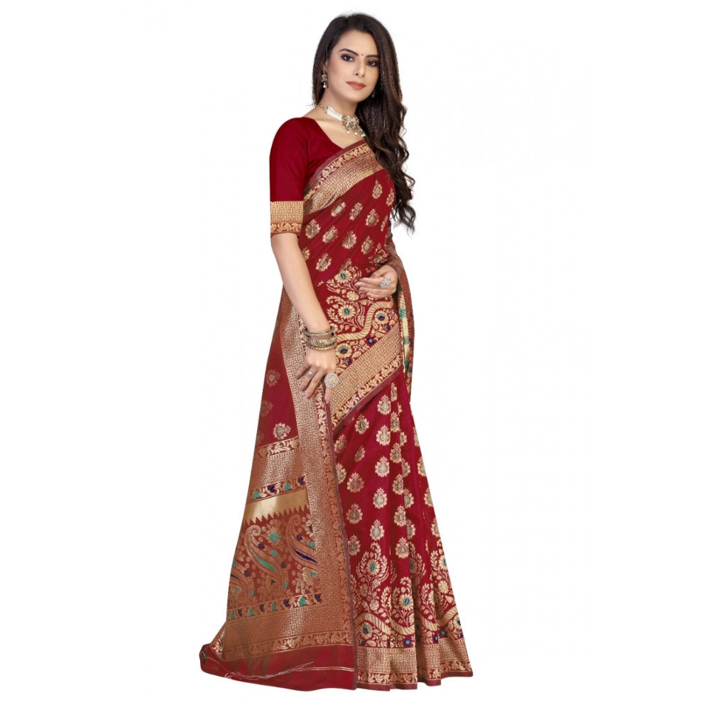 Women's Banarasi Silk Designer Weaving Saree With Unstitched Blouse (Maroon, 5.50 Mtrs)