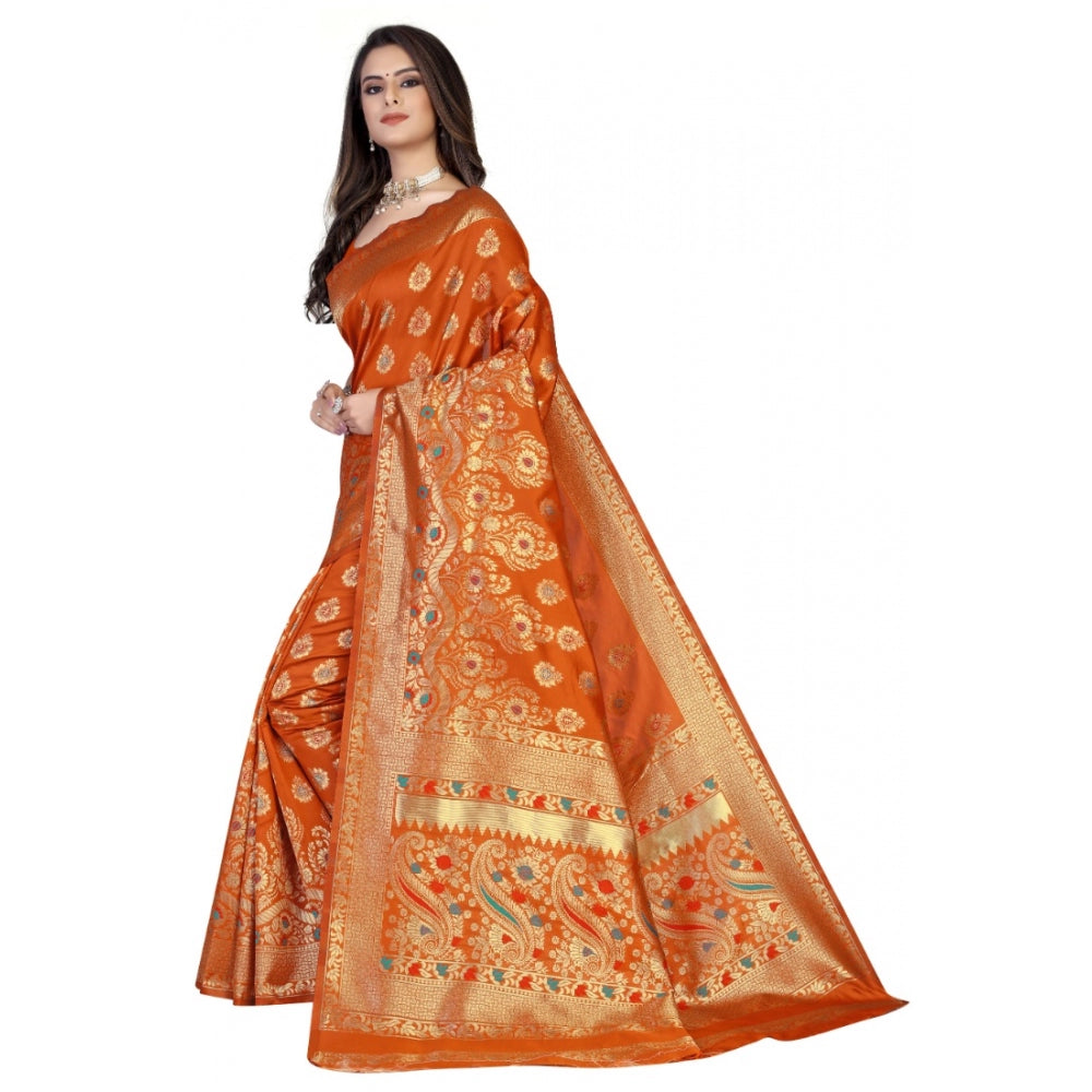 Women's Banarasi Silk Designer Weaving Saree With Unstitched Blouse (Orange, 5.50 Mtrs)