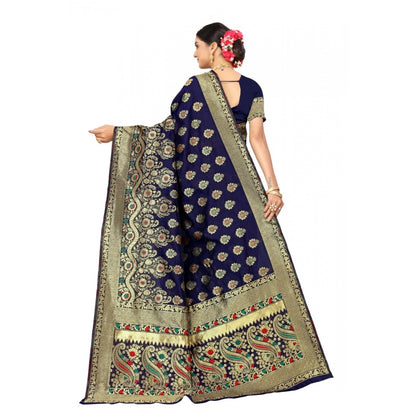 Women's Banarasi Silk Designer Weaving Saree With Unstitched Blouse (Blue, 5.50 Mtrs)