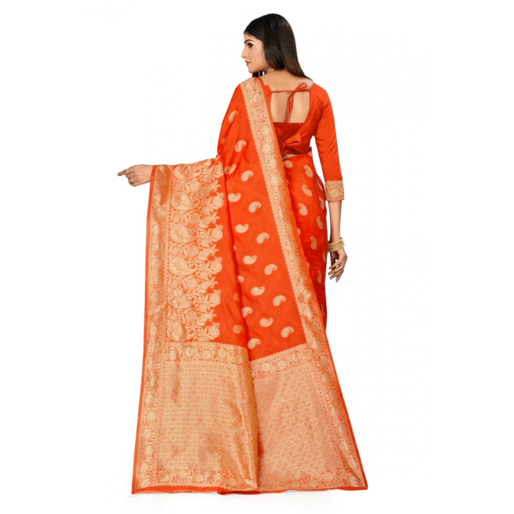 Women's Banarasi Silk Designer Weaving Saree With Unstitched Blouse (Orange, 5.50 Mtrs)