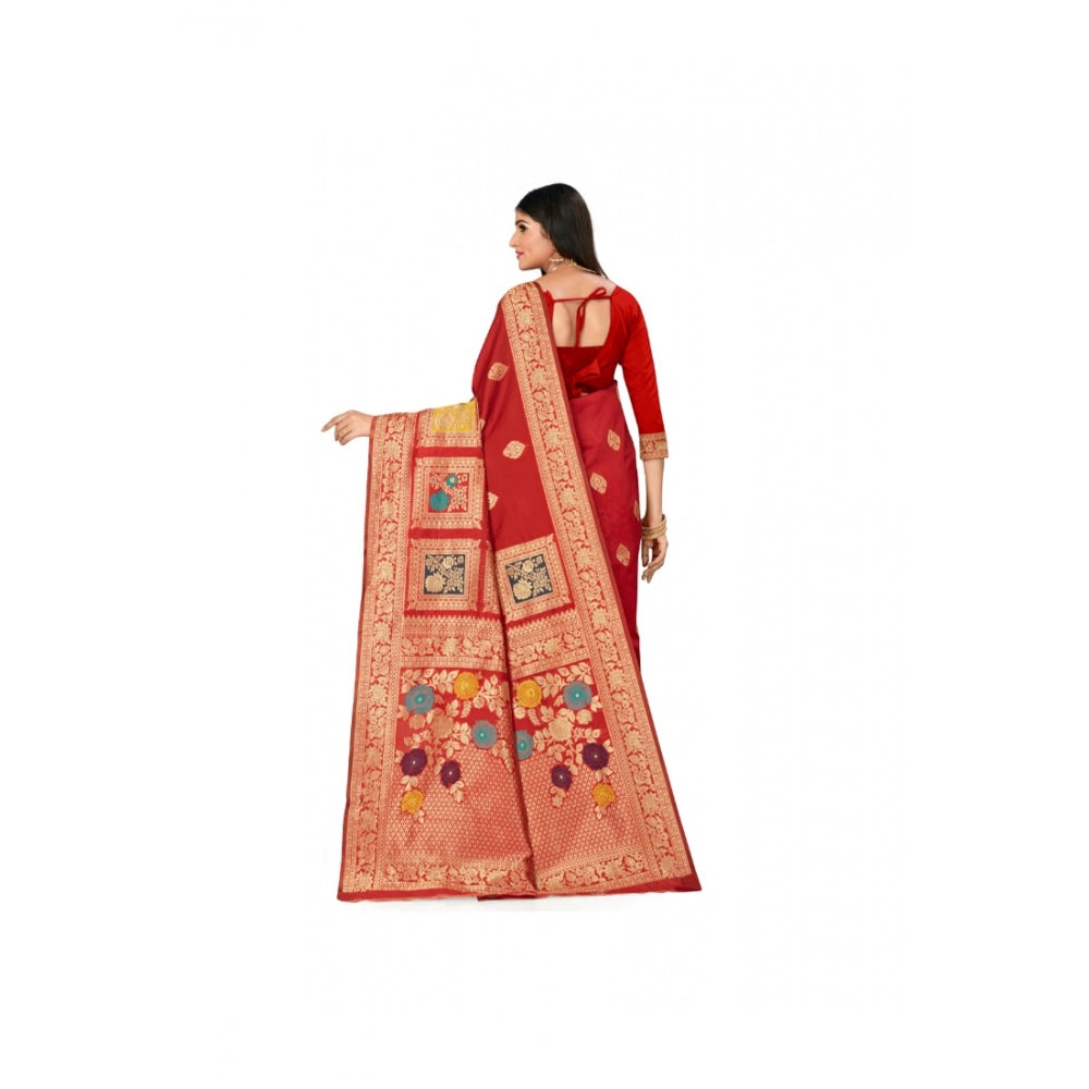 Women's Banarasi Silk Designer Weaving Saree With Unstitched Blouse (Red, 5.50 Mtrs)