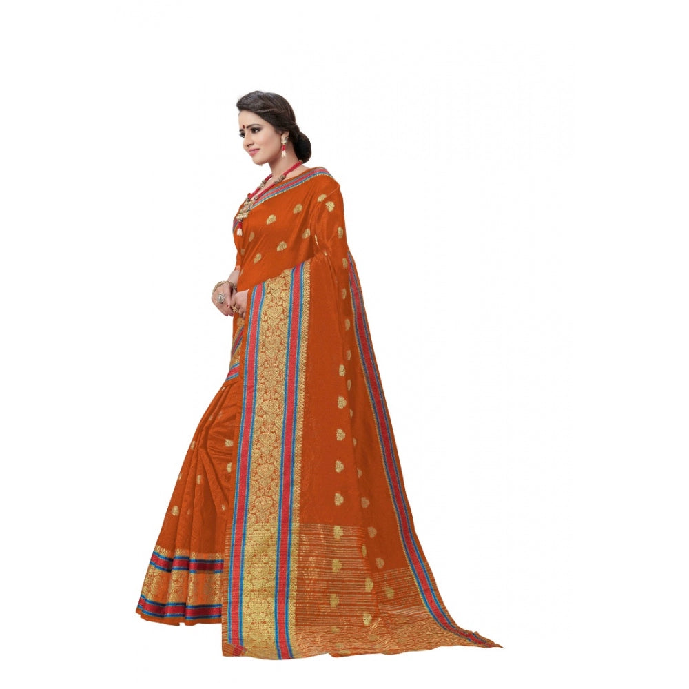 Women's Cotton Silk Designer Weaving Saree With Unstitched Blouse (Orange, 5.50 Mtrs)