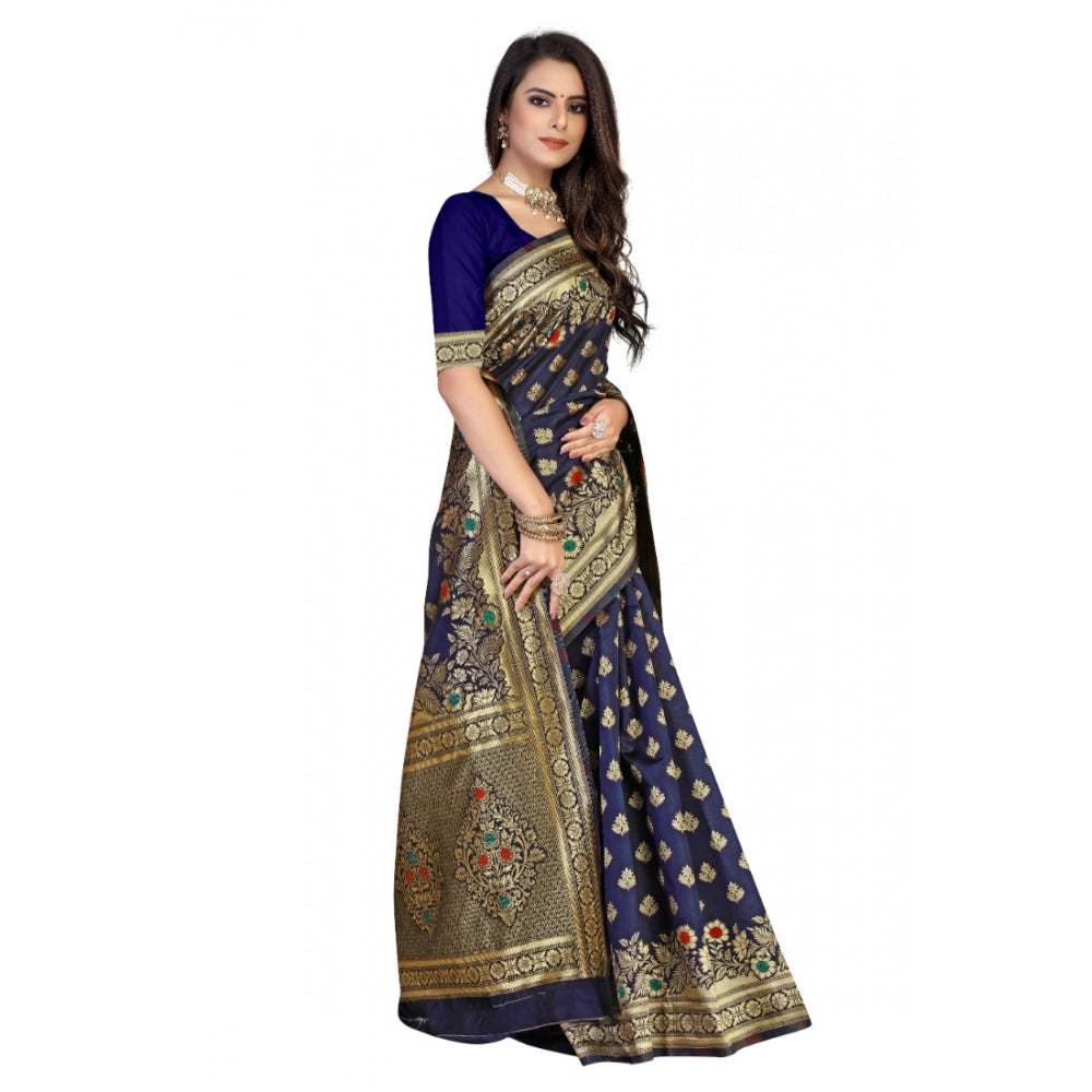 Women's Banarasi Silk Designer Weaving Saree With Unstitched Blouse (Blue, 5.50 Mtrs)