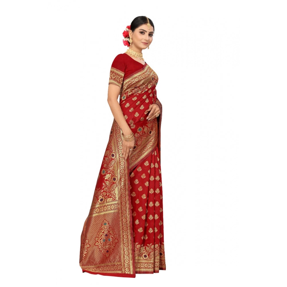 Women's Banarasi Silk Designer Weaving Saree With Unstitched Blouse (Red, 5.50 Mtrs)