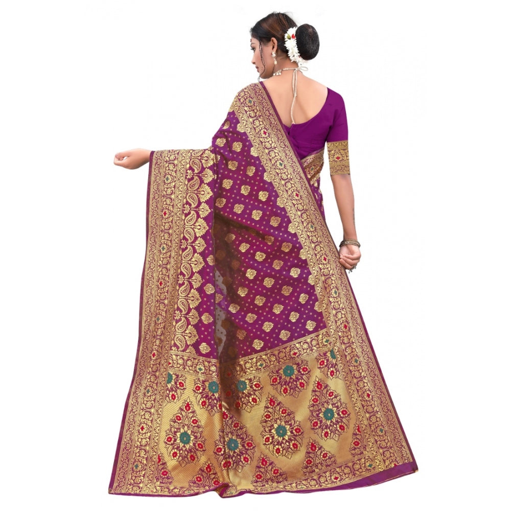 Women's Banarasi Silk Designer Weaving Saree With Unstitched Blouse (Purple, 5.50 Mtrs)